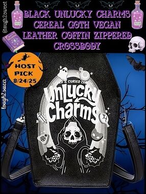 🆕️BLACK UNLUCKY CHARMS CEREAL GOTH VEGAN LEATHER COFFIN ZIPPERED CROSSBODY